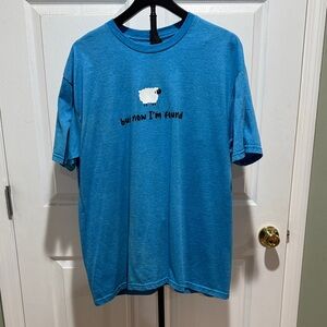 Women’s SS turquoise/blue SS tee. Says But now I’m found with a sheep. XL